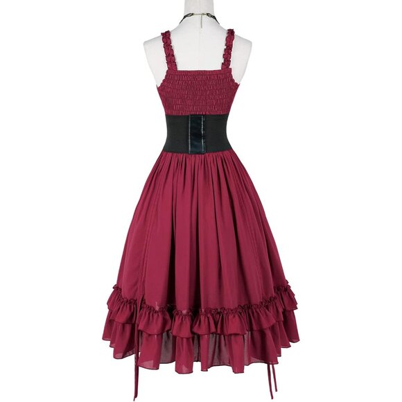 Women's Steampunk Victoria Cosplay Dress Solid Color Suspender Long Dress - Picture 3 of 6